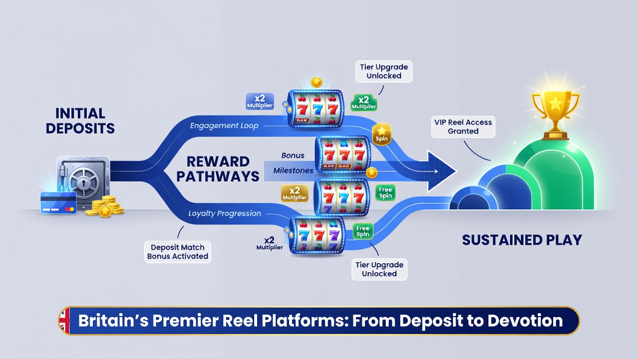 Diagram showing progression from deposit bonuses to loyalty tiers in UK slot platforms