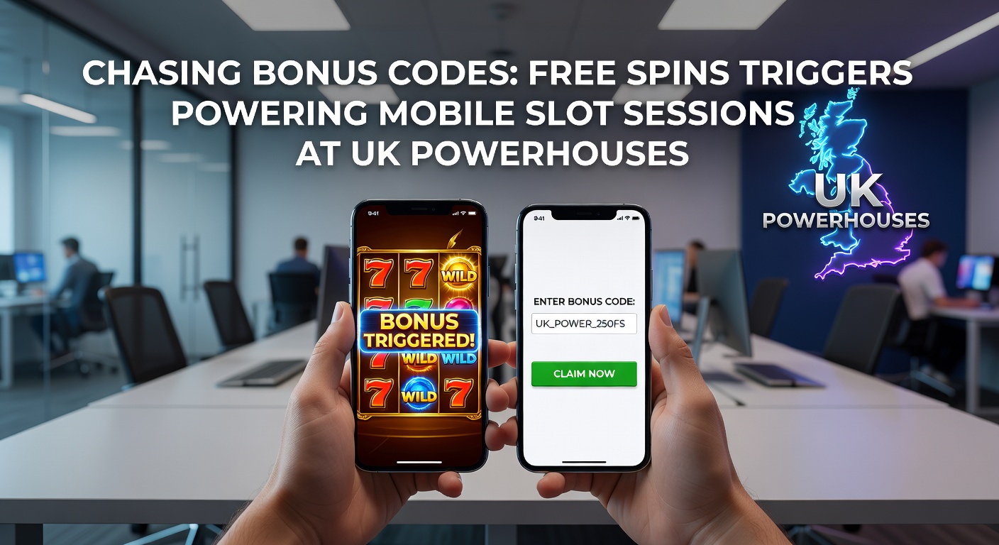 Close-up of hands holding a smartphone with a slot bonus code entry screen active, showing free spins counter ticking up amid colorful game graphics and UK casino branding