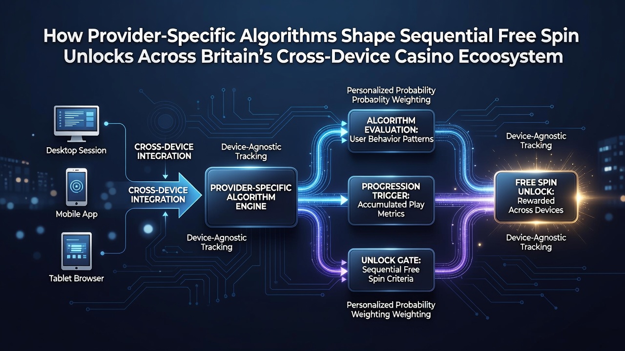 Illustration of cross-device synchronization in casino networks showing algorithm-driven free spin progression