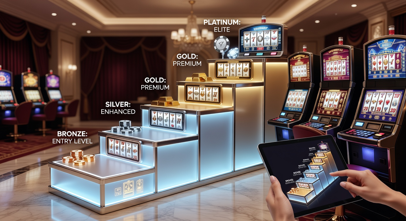 Close-up of a player ascending a glowing loyalty ladder on a slot screen, surrounded by cascading coins and tier badges