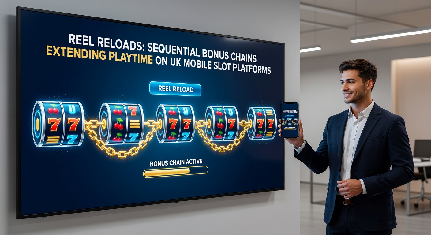 Close-up of a player's mobile device showing a progress bar for a reel reload chain, with multiple bonus icons queued up and playtime counter ticking upward