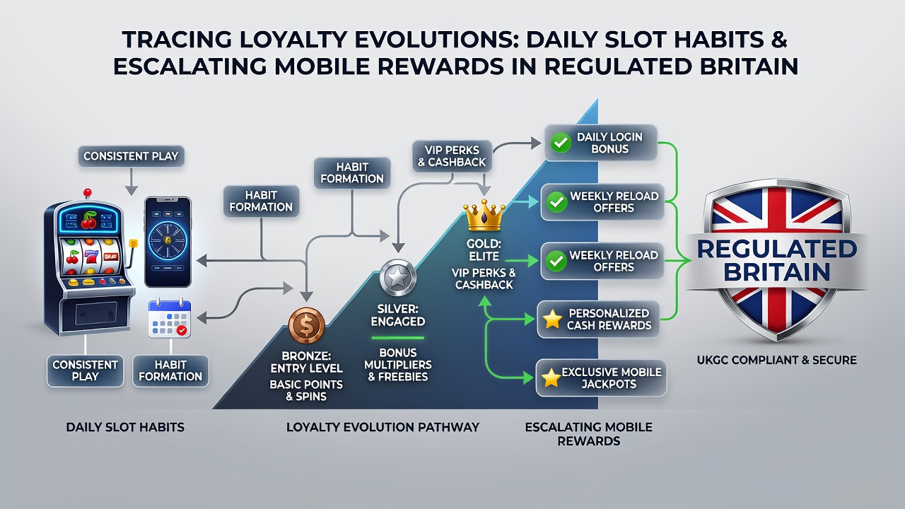 Loyalty tier progression dashboard displayed on a mobile device showing escalating rewards for daily UK slot play