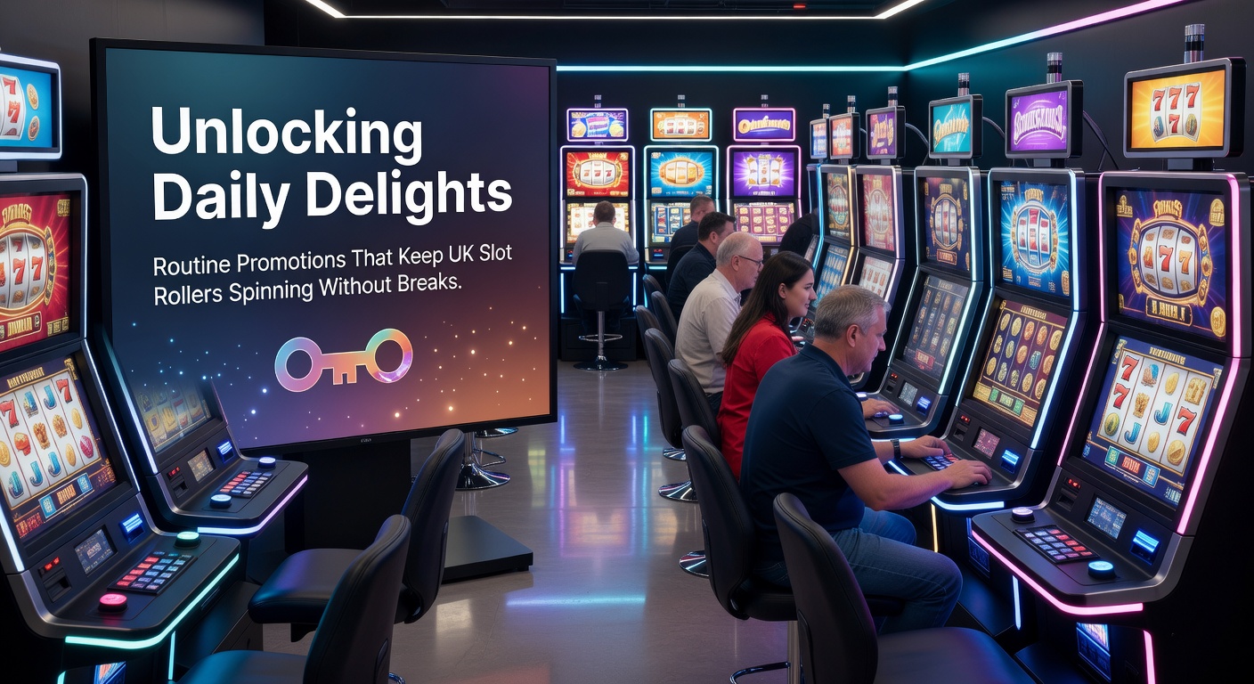 Calendar graphic highlighting daily slot bonuses with coins and spins raining down, illustrating routine UK promotions in action